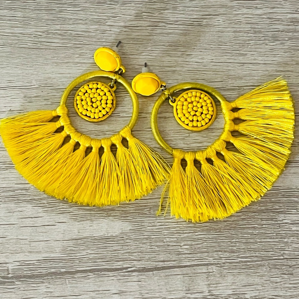 J. Crew Yellow Tassel Fringe Statement Earrings - Boho Chandelier